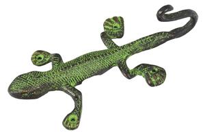 Věšák, ještěrka, mosaz, jeden háček, zelená patina, 14cm