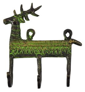 Věšáček "Tribal Art", jelen, zelená patina, mosaz, tři háčky, 21x3x11cm