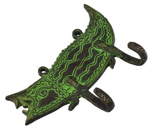 Věšák, krokodýl, "Tribal art", mosaz, dva háčky, zelená patina, 17cm