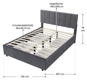 Čalouněná postel Soria se zásuvkami 140 x 200 šedá