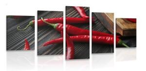 5-dílný obraz deska s chili papričkami - 100x50 cm