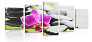 5-dílný obraz wellness zátiší s fialovou orchidejí - 100x50 cm