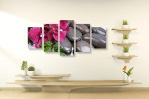 5-dílný obraz kvetoucí orchidej a wellness kameny - 100x50 cm