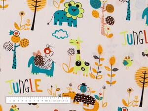 Dětská bavlněná látka/plátno Sandra SA-008 Tyrkysová a oranžová zvířátka z džungle - šířka 145 cm