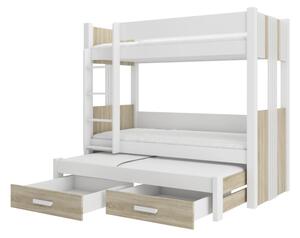 Dětská patrová postel TEMA + 3x matrace, 90x200, bílá/dub sonoma