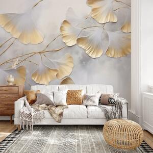 Fototapety Listy ginkga biloba se žlutými okraji na větvi, šedé texturované pozadí, elegantní a, Fototapety příroda, w09472 : uwalls.cz