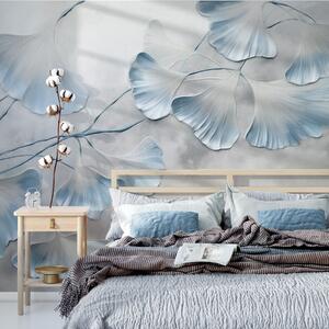 Fototapety Listy ginkga biloba s modrými okraji na větvi, šedé texturované pozadí, elegantní a, Fototapety příroda, w09472v1 : uwalls.cz