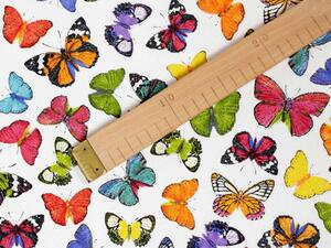 Dekorační látka Leona LN-062 Barevní motýlci na bílém - šířka 140 cm