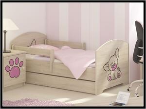 Dětská postel Oskar Čivava 160x80 cm - Dub Sonoma - 1x krátká + 1x dlouhá zábrana bez šuplíku - Růžová