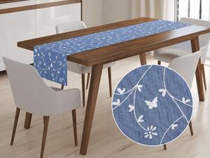 Biante Bavlněný běhoun na stůl Sandra SA-052 Drobné bílé květiny a motýlci na modrém 45x160 cm