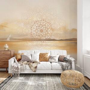 Fototapety Texturovaný symetrický mandalový vzor překrývající krajinu s mořem, kopci a oblohou, jemné pastelové, Fototapety boho, w09491 : uwalls.cz