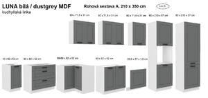 Kuchyňská linka LUNA bílá/dustgrey MDF, Rohová sestava A, 210x350 cm