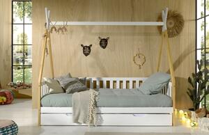 Borovicová postel Vipack Tipi 90 x 200 cm se zábranami a bílou zásuvkou