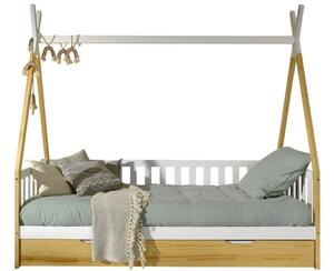 Borovicová postel Vipack Tipi 90 x 200 cm se zábranami a přírodní zásuvkou