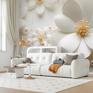 Fototapety Bílé květy s perlami rozptýlenými na bílém pozadí, elegantní a minimalistický design, texturovaný, Fototapety květiny, w09535 : uwalls.cz