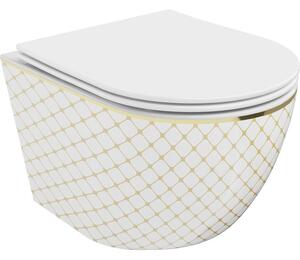 Mexen Lena WC mísa Rimless s pomalu zavíracím slim duroplastovým prkénkem, bílá/zlatá vzor mřížka - 30224009