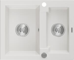Mexen Carlos granitový dřez 1,5-komorový 582 x 475 mm, bílý, sifon chrom - 6518581500-20
