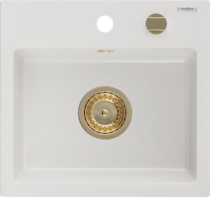 Mexen Milo granitový dřez 1-komorový 435 x 410 mm, bílý, sifon zlatý - 6505441000-20-G