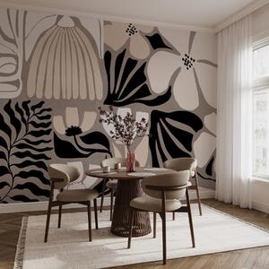 Fototapety Moderní minimalistické stylizované květiny a listy v béžové, černé a bílé barvě, s texturou na, Fototapety květiny, w09547 : uwalls.cz