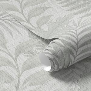 Tapety Měkké tropické listy v bledě šedé barvě na lněné textuře, Tapety květiny, a00899 : uwalls.cz