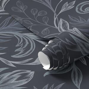 Tapety Tmavě indigové zvlněné listy s ručně kresleným stínováním, Tapety květiny, a00935 : uwalls.cz
