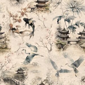 Tapety Japonské chrámy, kapři koi a jeřábi na jemném pozadí, Tapety orientální, a01040 : uwalls.cz