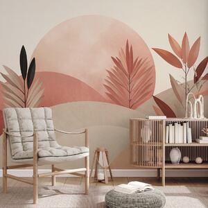 Fototapety Abstraktní boho krajina, slunce za zvlněnými kopci, rostliny v popředí, minimalistické,, Fototapety abstraktní, w09608 : uwalls.cz