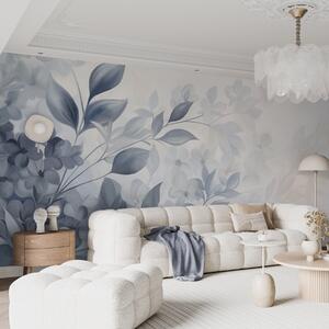 Fototapety Texturovaná modrá a bílá větev s květinami a listy, které přecházejí do světlého pozadí ve stylu, Fototapety akvarel, w09543 : uwalls.cz