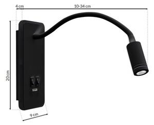LED Flexibilní nástěnná lampička s USB BASE LED/8W+LED/2W/230V černá