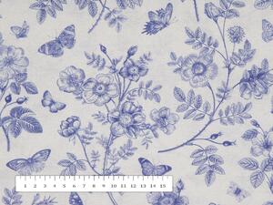 Dekorační látka Leona LN-081 Modré květiny a motýlci na světle šedém - šířka 140 cm
