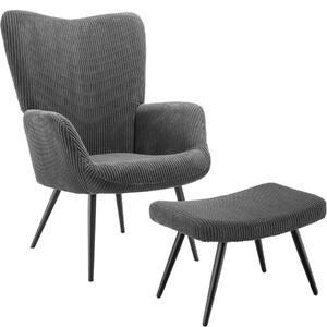 Tectake Křeslo Hygge polstrované, ergonomické, nosnost 150 kg - S podnožkou,Široký manšestr antracit/černá