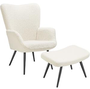 Tectake Křeslo Hygge polstrované, ergonomické, nosnost 150 kg - S podnožkou,Bouclé krémová/černá