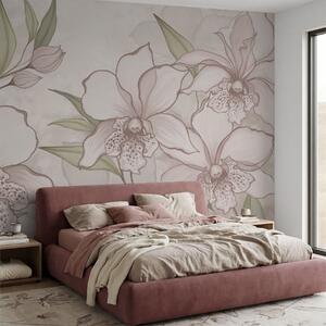 Fototapety Ilustrace bledých orchidejí s listy na béžovém pozadí, Fototapety květiny, w05117 : uwalls.cz