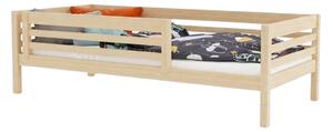 Vysoká dětská dřevěná postel TULY se zábranou 90x200 + matrace WAVE - Nelakovaná, S jednou zábranou