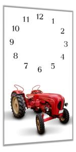 Nástěnné hodiny 30x60cm červený traktor veterán - kalené sklo