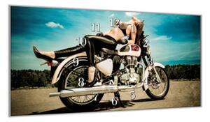 Nástěnné hodiny 30x60cm žena na bílé motorce - kalené sklo