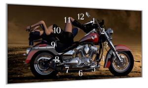 Nástěnné hodiny 30x60cm žena na červené motorce - kalené sklo