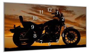 Nástěnné hodiny 30x60cm silueta motorky v západu slunce - kalené sklo