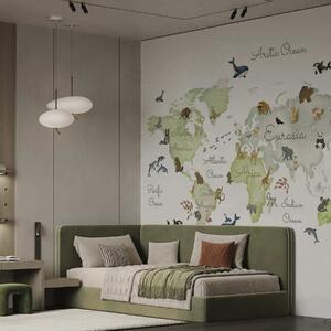 Fototapety Zelená mapa ve stylu akvarelu s vyobrazením zvířat. Popisky v angličtině, Fototapety mapy světa, c00012env2 : uwalls.cz