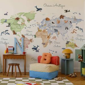 Fototapety Barevná mapa ve stylu akvarelu s vyobrazením zvířat. Popisky ve francouzštině, Fototapety dětské, c00012fr : uwalls.cz