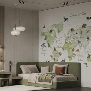 Fototapety Zelená mapa ve stylu akvarelu s vyobrazením zvířat., Fototapety mapy světa, Fototapety dětské světové mapy, c00012esv2 : uwalls.cz