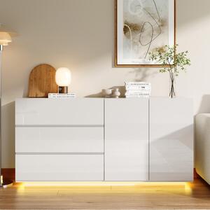 UnboxG Komoda, vysoký lesk, bílá, 160x35x76 cm, bez úchytek, se 3 zásuvkami a 2 dvířky, LED osvětlení s dálkovým ovládáním, moderní design