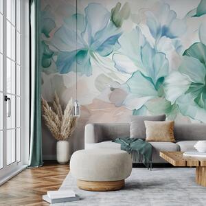 Fototapety Abstraktní fantazijní květiny v odstínech zelené, modré a béžové, v malířském stylu, texturované, Fototapety akvarel, w09767v1 : uwalls.cz