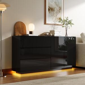 UnboxG Komoda, vysoký lesk, černá, 160x35x76 cm, bez úchytek, se 3 zásuvkami a 2 dvířky, LED osvětlení s dálkovým ovládáním, moderní design