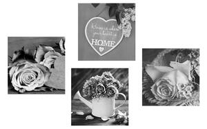 Set obrazů černobílé květiny s nápisem Home