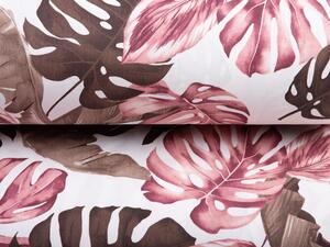Bavlněná látka/plátno Sandra SA-227 Hnědé a starorůžové tropické listy na bílém - šířka 160 cm