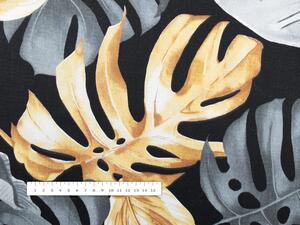 Bavlněná látka/plátno Sandra SA-228 Šedé a zlaté tropické listy na černém - šířka 160 cm