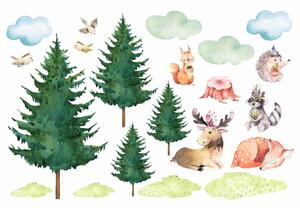 Dětská nálepka na zeď Forest team - obláčky, zvířátka a stromy