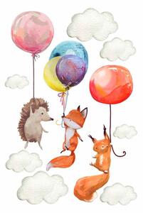 Dětská nálepka na zeď Zvířátka s balony, liška, ježek a veverka