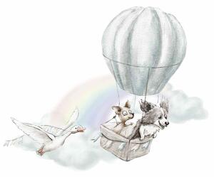 Dětská nálepka na zeď Adventure in the sky - pejsky v balonu a husa Rozměry: 100 x 80 cm